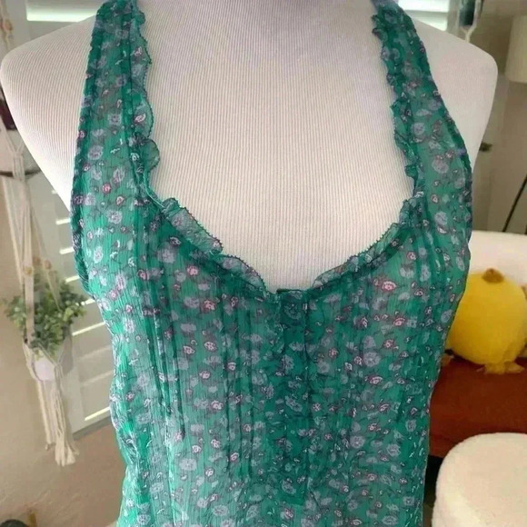 AE teal floral chiffon sleeveless blouse - Picture 2 of 6